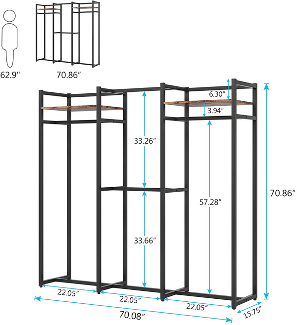 Ellika 70.86 inch Closet Organizer System with Shelves, Heavy Duty Garment Rack with Haning Rods 17 Stories Finish: Black