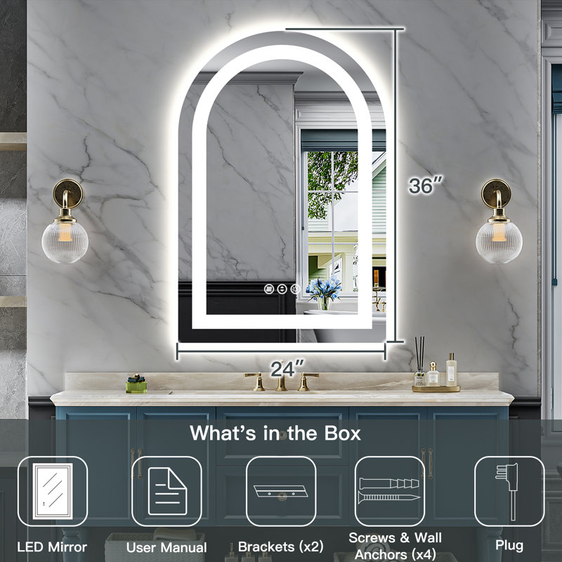 Arch Bathroom LED Mirror with Frontlit & Backlit, Anti Fog Lighted Vanity Mirror with Stepless Dimmable, ETL Listed, IP54 Waterproof, CRI90+, HD Tempered Glass