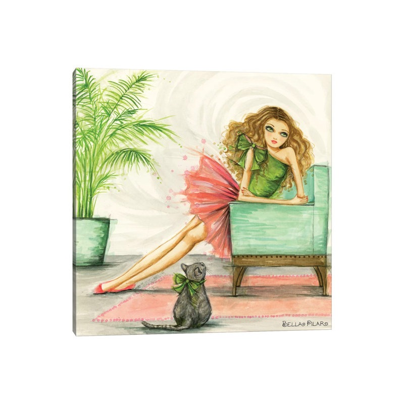 Claudia And Her Cat With The Big Green Bow by Bella Pilar - Wrapped Canvas Painting, 93.98 cm H x 93.98 cm W x 3.175 cm D