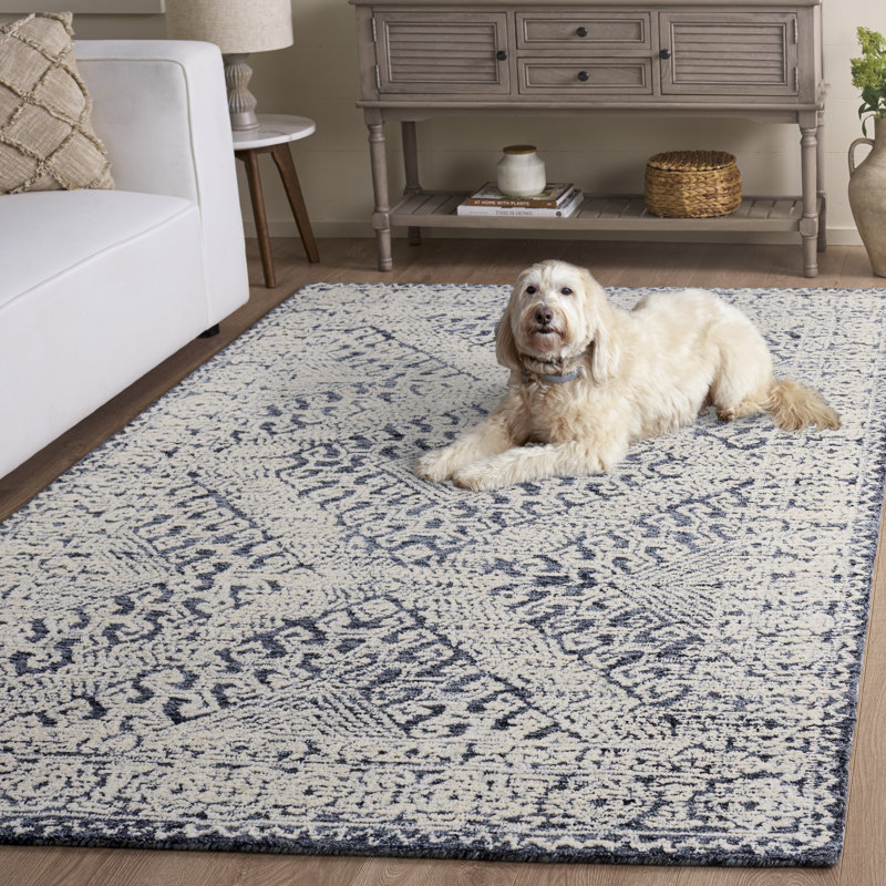Cheryal Textural Hand Tufted Wool Cotton Geometric Rug in Sage/Ivory, Rectangle 5' x 8'