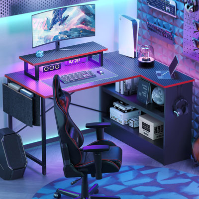 L Shaped Gaming Desk With LED Lights,Computer Desk With Monitor Stand & Open Storage Cabinet,Writing Study Corner Desk, (Black 3D Carbon Fiber/42 Inch by Ivy Bronx