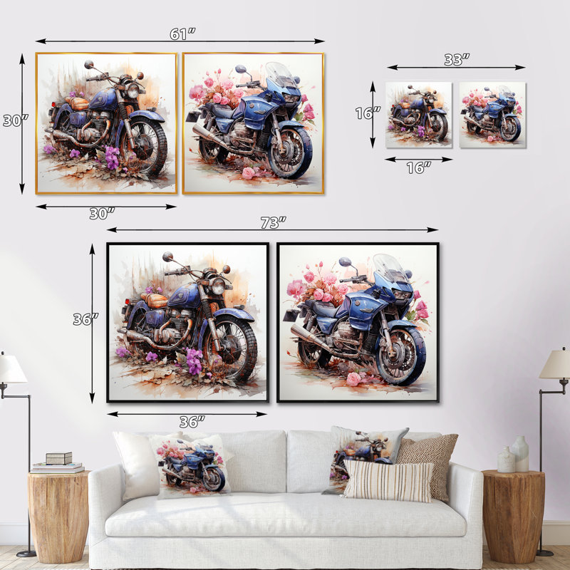 Aquarelle, chemin de fleurs de motocyclettes - ensemble de 2 collages carrés de motocyclettes, Cadre flottant noir