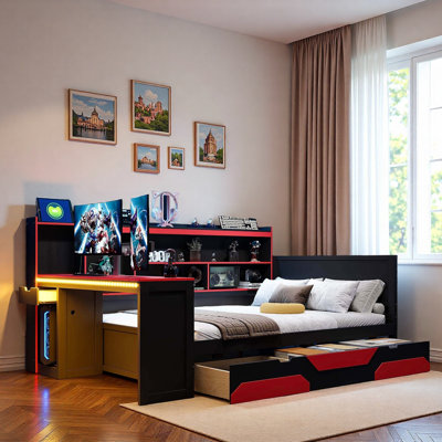 Lit de jour Modern Gaming avec bureau intégré, bandes lumineuses, station de charge intégrée, 3 tiroirs de rangement et tablettes de rangement