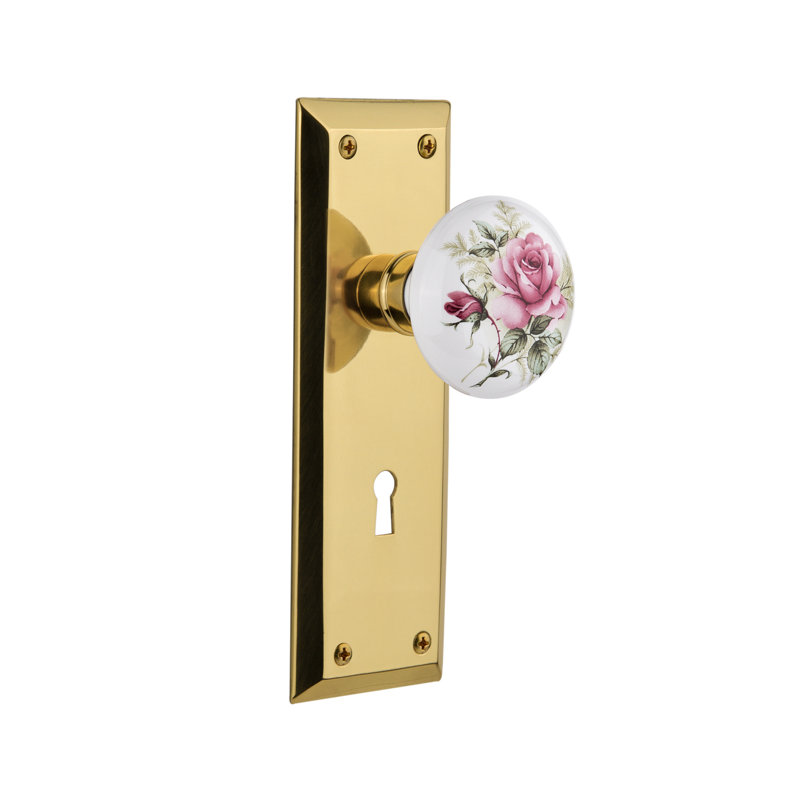 Plaque New York avec trou de serrure décoratif et bouton de porte en porcelaine blanche, Laiton poli