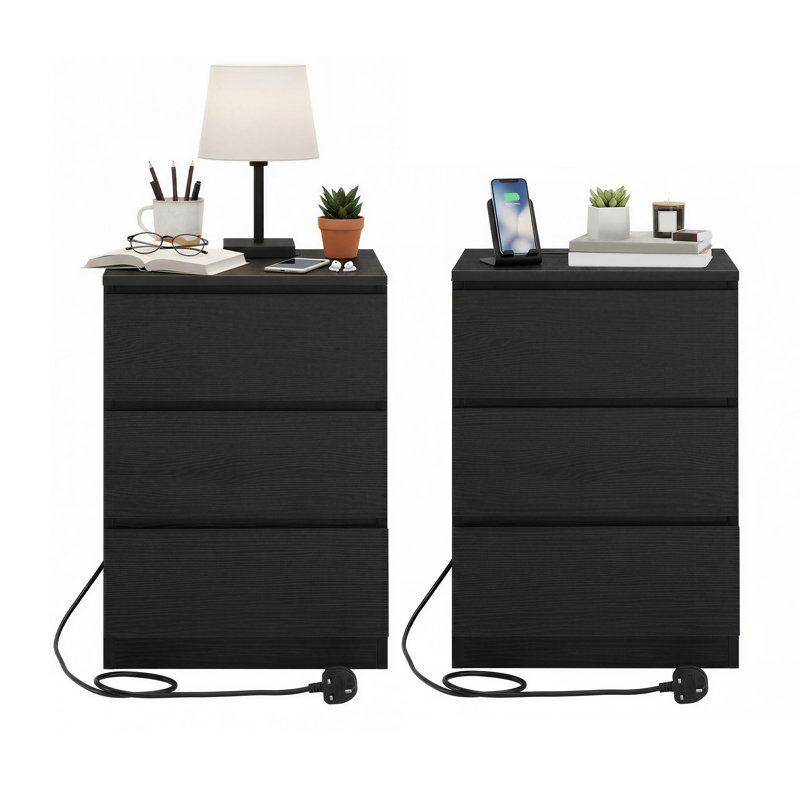 Rumena 40cm W Manufactured Wood Bedside Table, Black