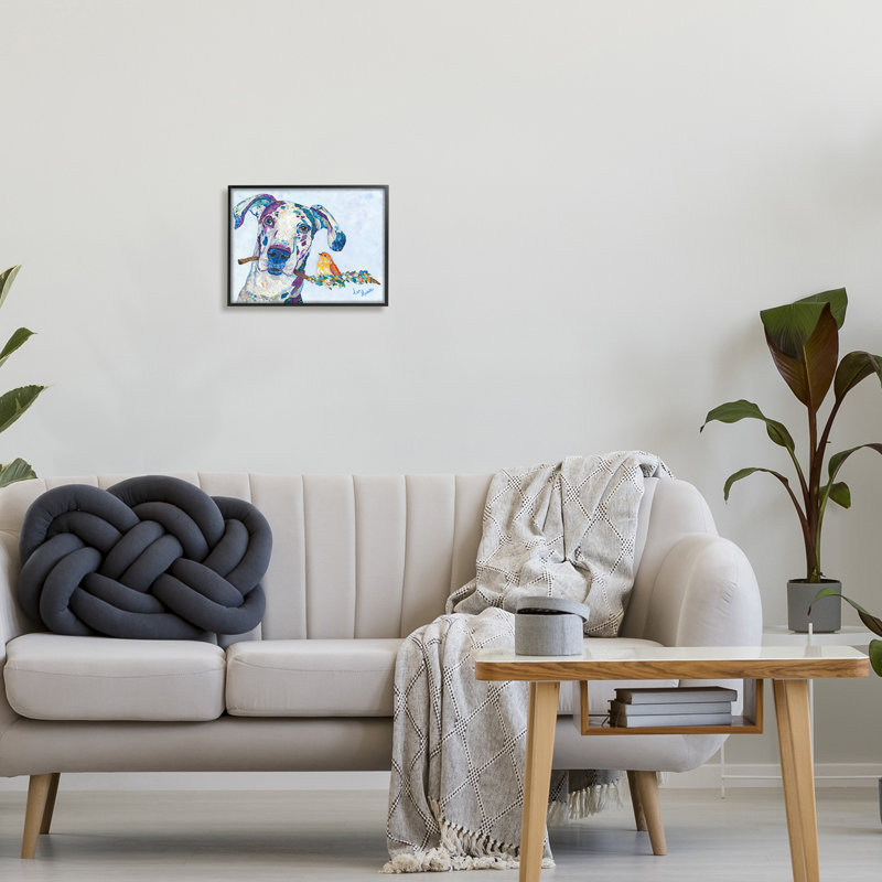 «Dane and Songbird Perched Branch Floral Dog Collage» par Lisa Morales - peinture à cadre flottant sur toile