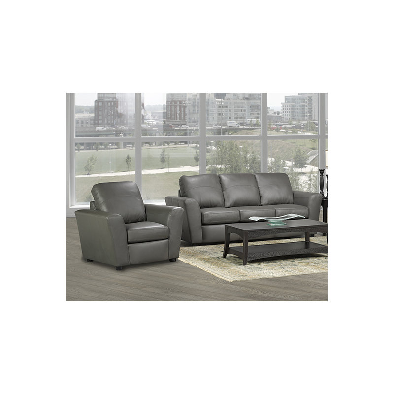 Canapé à accoudoirs évasés en cuir véritable Lidiya, Gris, H 36 po x l 87 po x P 37 po