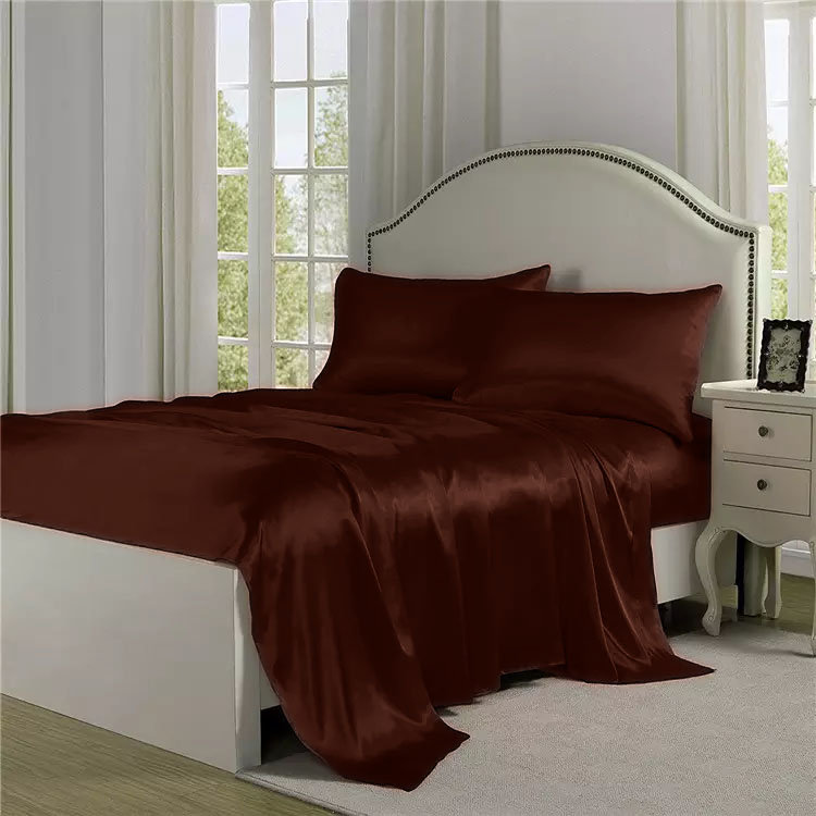 Ensemble de draps 4 pièces en satin doux et soyeux, Ensemble de draps pour très grand lit avec 2 taie, Brun