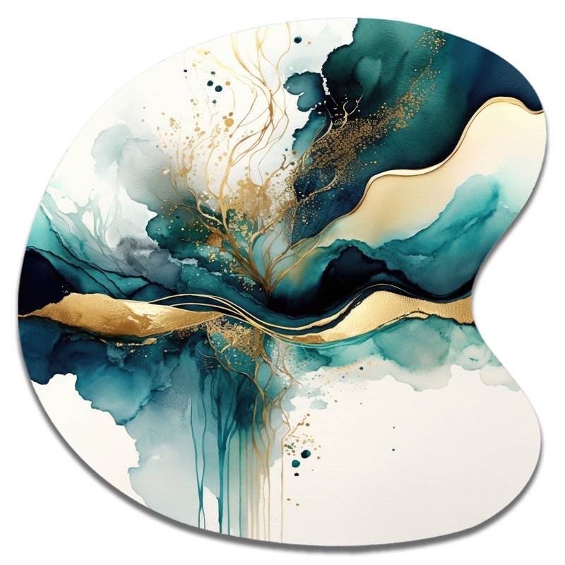 Sarcelle et or abstrait Expression III - Abstrait liquide encre liquide, art mural asymétrique, H 27 po x l 27 po
