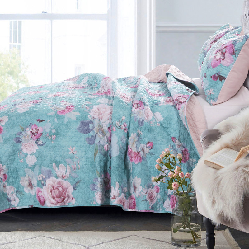 Blush and Turquoise Floral Microfiber Twin Quilt Set