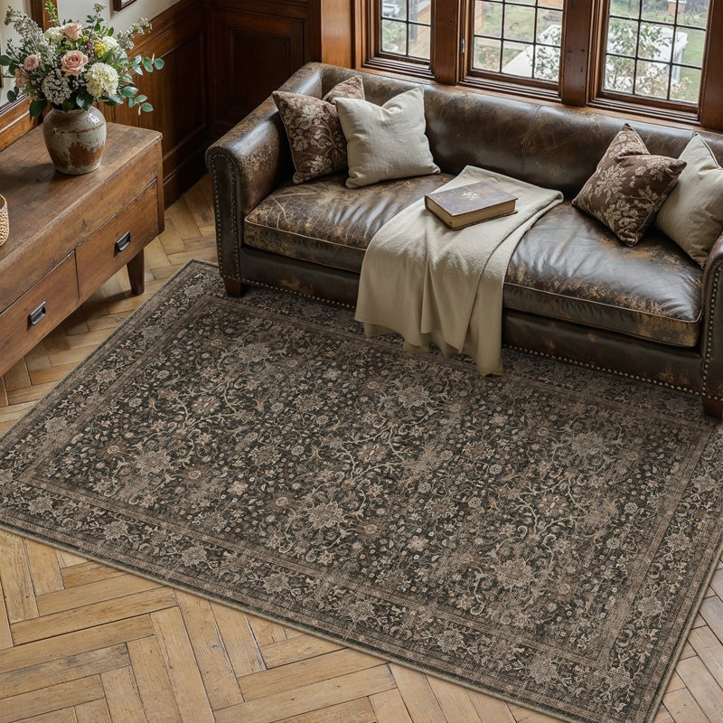 Tapis floral rétro Lumora, Brown/Black, Rectangle 5 pi x 7 pi 6 po