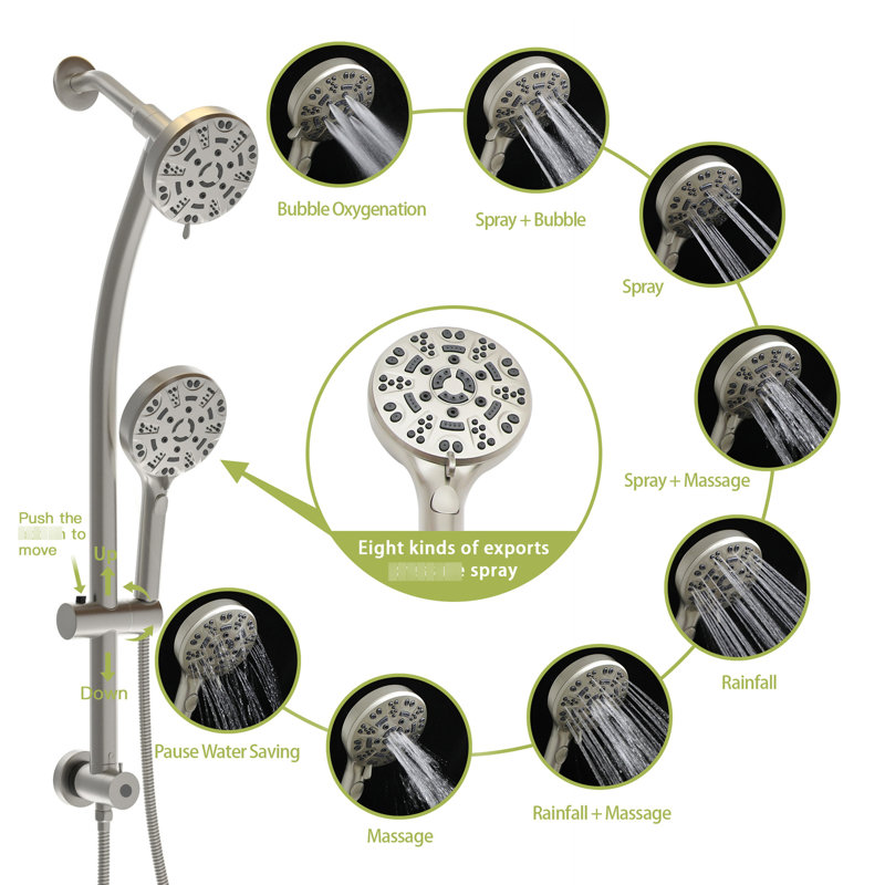 Pomme de douche double avec pomme de douche à effet pluie de 4,7 po et douche à main 8 po, tuyau en acier inoxydable, support à angle réglable, barre coulissante, finition nickel brossé - pomme de douche, nickel, support