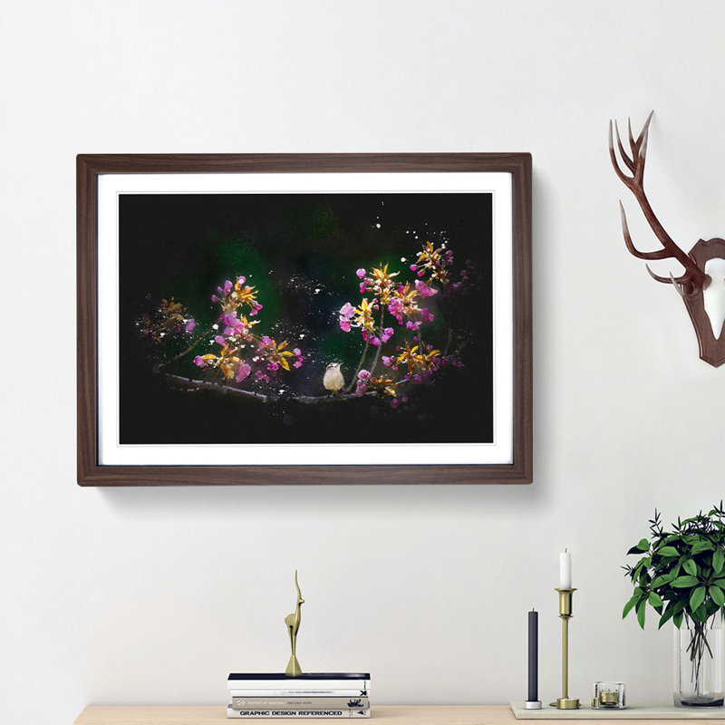 Wren upon a Blossom Tree Branch - Framed Print, Walnut Framed, 24cm H x 33cm W x 2cm D