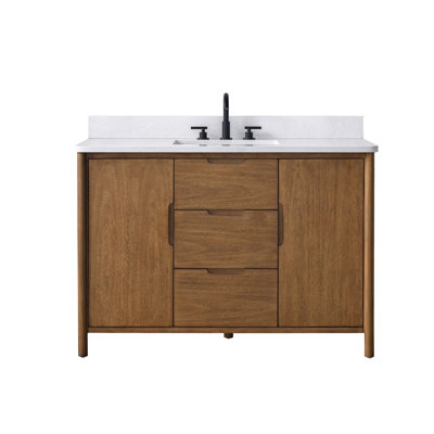 Meuble-lavabo autoportant de 48 po avec plateau en pierre Milano Mist, tablette électrique dissimulée et support pour sèche-cheveux