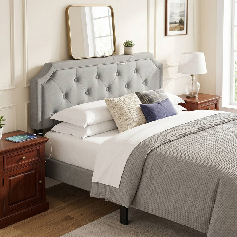 Queen/Full Size Universal Button Tufted Upholstered Headboard, Adjustable Mount Height & Soft Breathable Linen Fabric, Gray