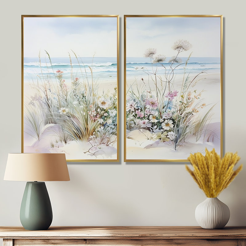Fleurs sauvages sur la plage - Grandes fleurs sauvages, impressions sur toile, H 36 po x l 48 po, Doré