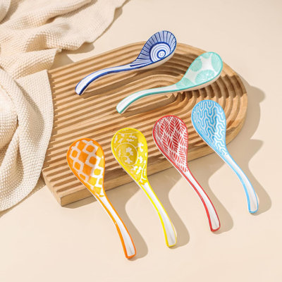6.3" Ceramic Asian Soup Spoons – Deep Oval Pho & Ramen Spoons with Colourful Interior Design