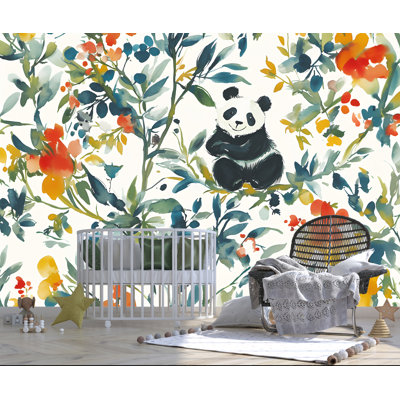 Panda ludique dans une forêt florale - peinture murale aquarelle colorée dans la jungle