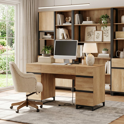  59 Inch Modern Executive Desk, Wooden Computer Desk With Drawers, Charging Station & File Drawer For Home Office