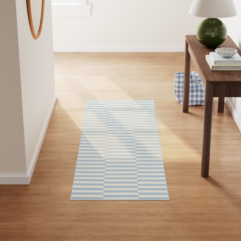Ilona Striped Hand-Woven Flatweave Cotton Area Rug in Ivory/Light Blue, Runner 2'3" x 7'