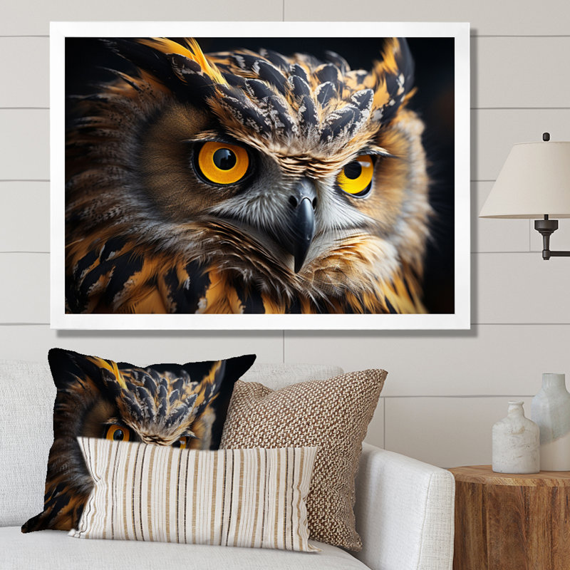 Portrait d'un hibou jaune - impression, H 24 po x l 32 po x P 1 po, Cadre photo blanc