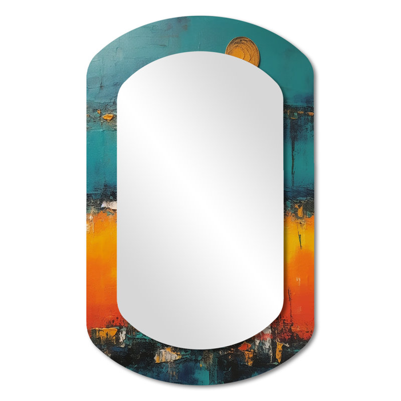 Crosley Abstract blue and orange Sunset s embrace - Minimalism Cylinder Decorative Wall Mirror, Modern Asymmetrical Mirror, Printed Metal Art