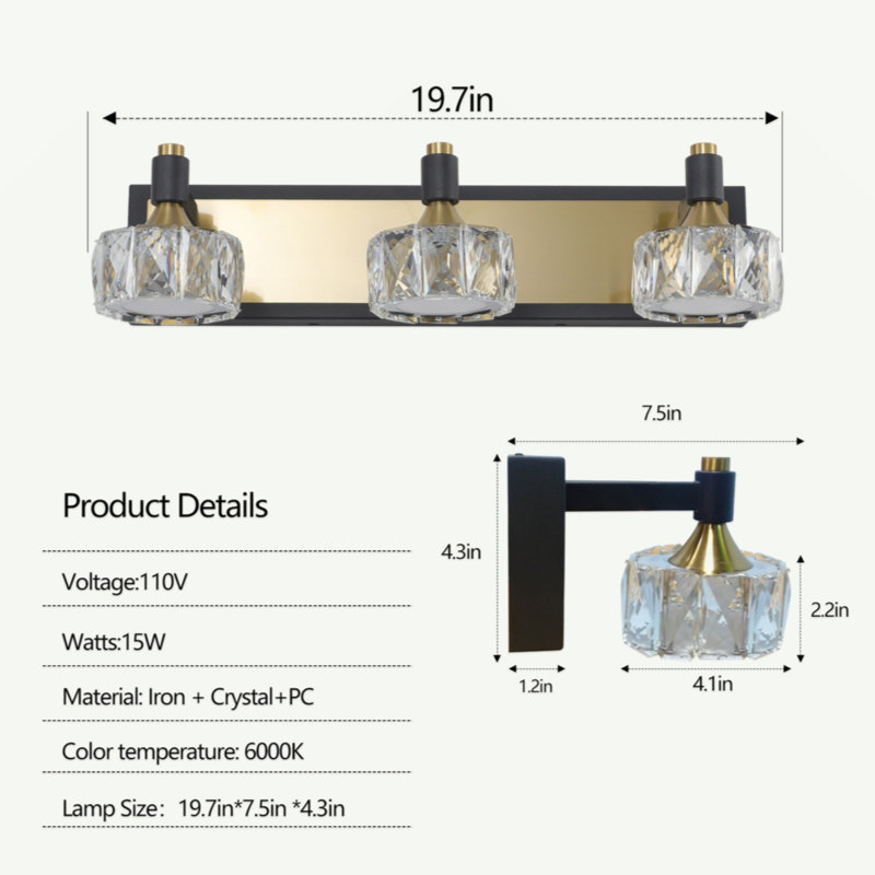 Luminaire de salle de bain moderne à DEL en cristal 3 lumières pour salle de bain sur miroir