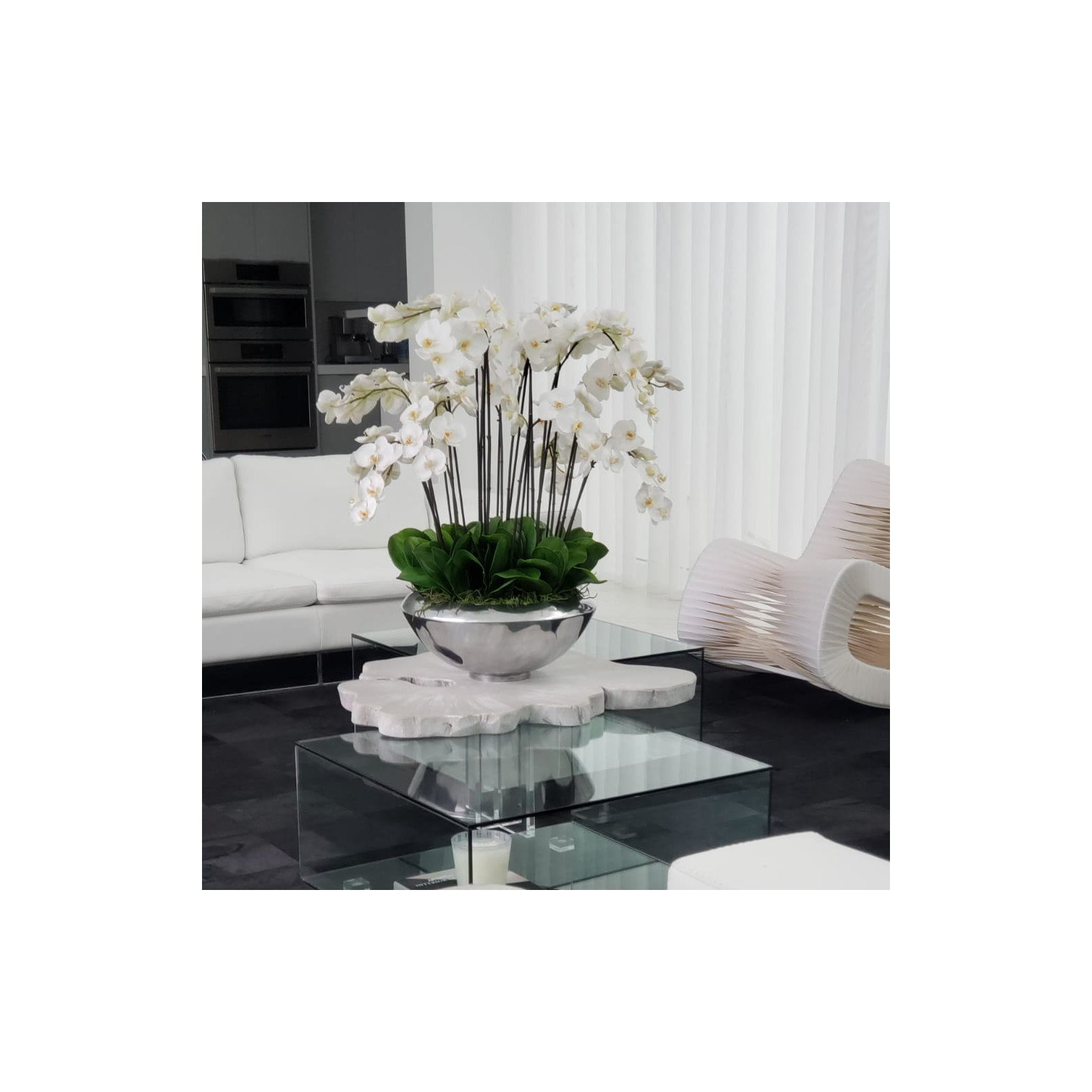 Multiple Stems of Phalaenopsis Orchid Centerpiece in Planter, White