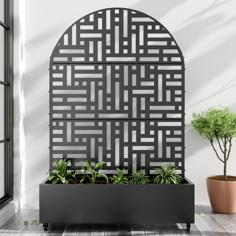Arch Metal Planter Box with Trellis with Wheels, 72" H x 47" W x 16" D