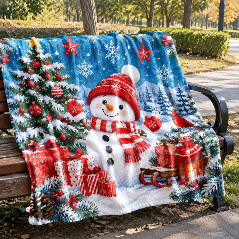 Christmas Snowman Fleece Blanket, Cozy Winter Holiday Snow Scene Bed Blanket for Sofa Couch Bedroom Living Room Home Decor