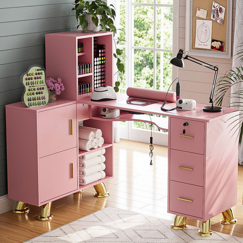 Table de manucure en L avec tiroirs et tablettes Avriel, Rose/Or