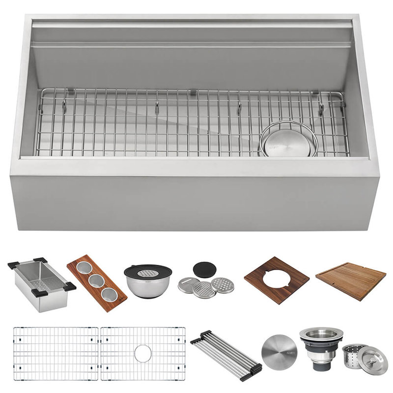 Roma Ledge 45" L x 19" W Undermount Kitchen Sink with Basket Strainer, Brushed Stainless Steel, 2