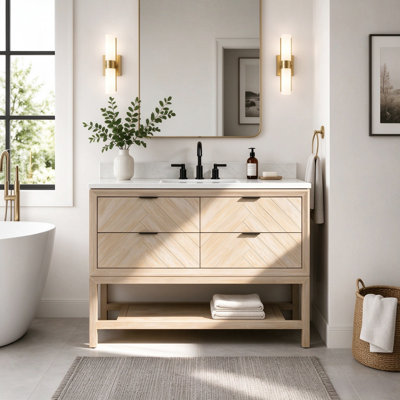 48" Freestanding Single Sink Solid Wood Natural Oak Bathroom Vanity with Engineered Marble Top