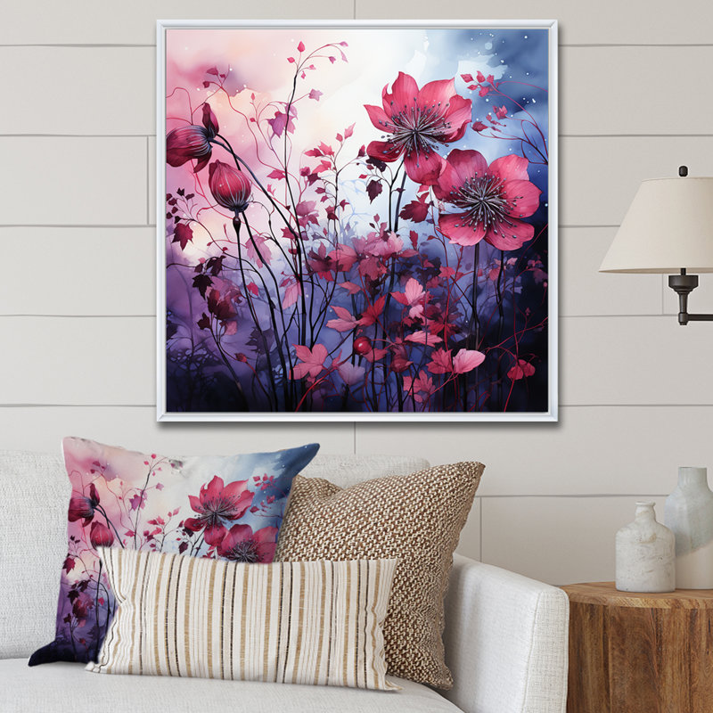 «Pink Twilight Poppies Glowing Meadow II», art mural coquelicots, H 30 po x l 30 po x P 1,5 po, Cadre flottant blanc