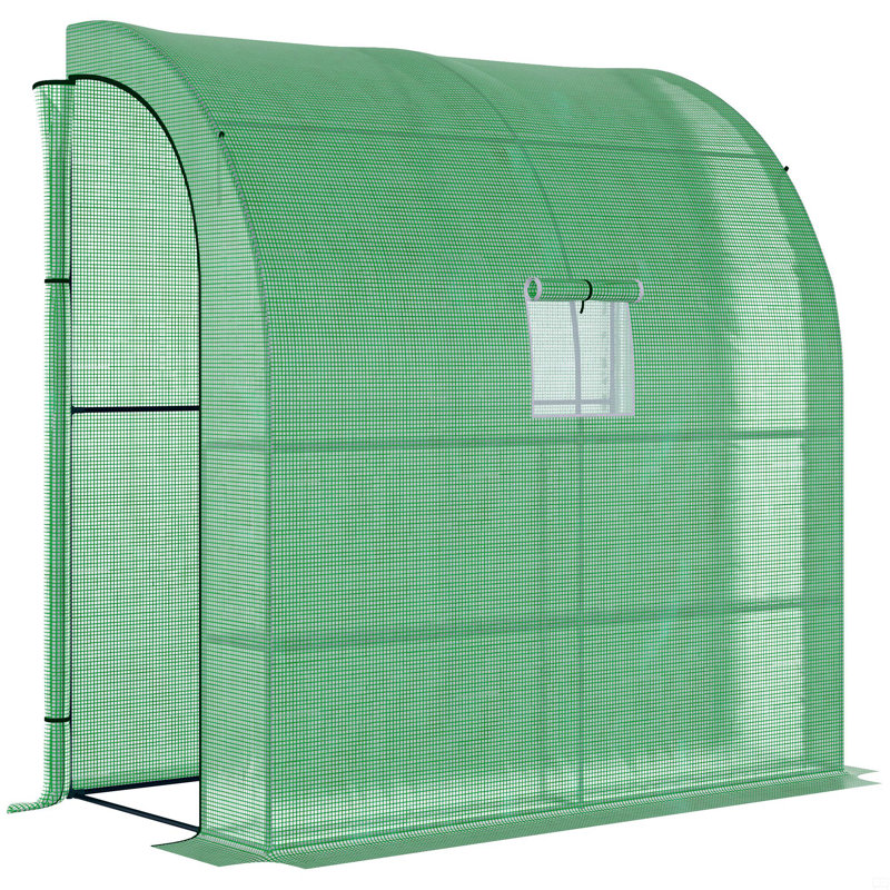 Lean To Greenhouse, Walk-In Green House, Plant Nursery With 2 Roll-Up Doors And Windows, PE Cover And 3 Wire Shelves, Green