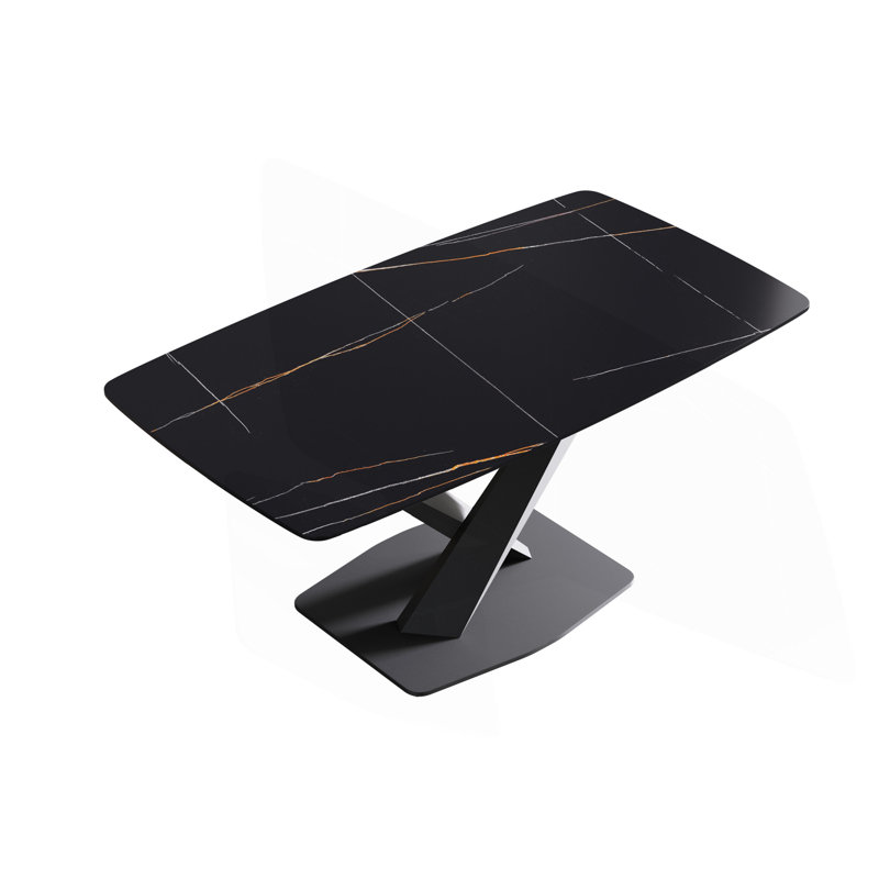 63"Modern Artificial Stone Black Curved Black Metal Leg Dining Table -6 People, 29.53" H x 63" W x 31.5" D, Black, Black