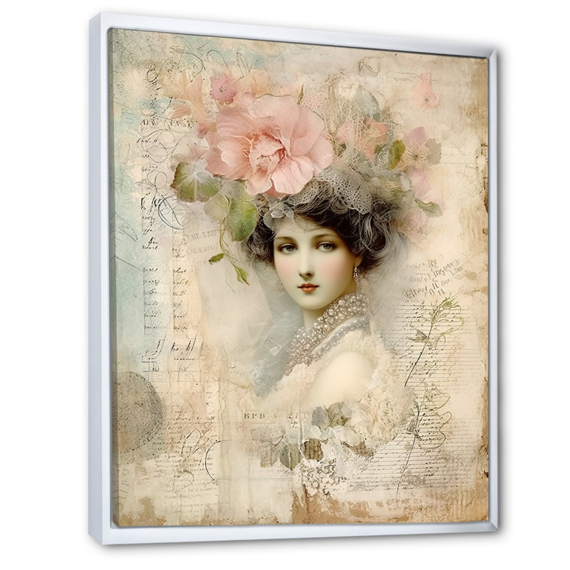 Victorian Lady Pink Roses, impression rustique sur toile, H 20 po x l 12 po x P 1 po, Cadre flottant blanc