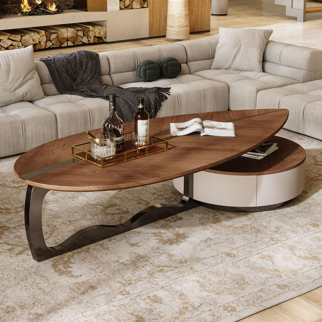 Jessamyn Mid-Century Modern Coffee Table with Abstract Leaf Shaped Walnut Wood Veneer Top and Metal Base for Living Room, Industrial Coffee Table with Vintage Classic Design Round Storage Compartment Include Two Storage Drawers Hokku Designs