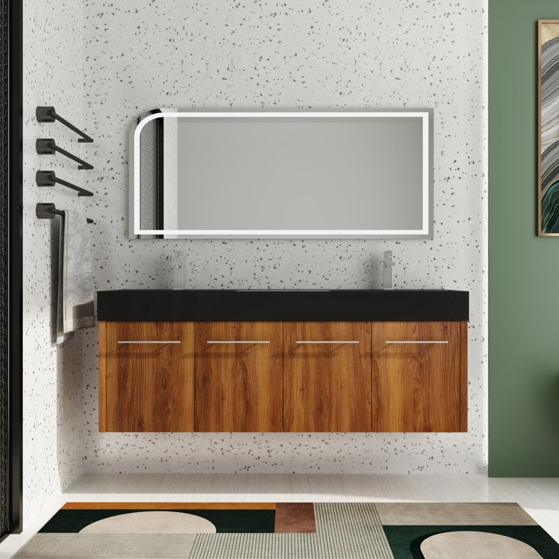 Meuble-lavabo double 60 po avec plateau en résine, Brun ébène / chrome