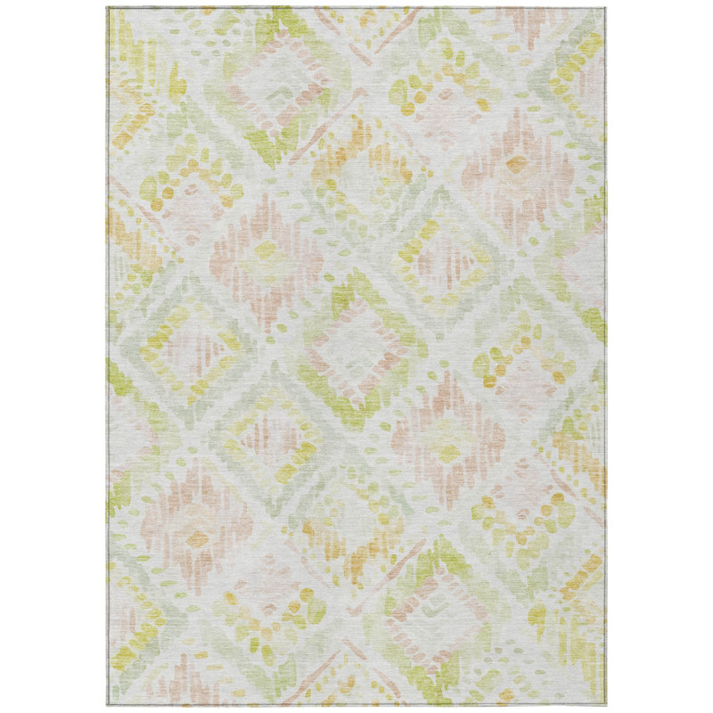 3' X 5' Pink Green And Beige Geometric Washable Indoor Outdoor Area Rug