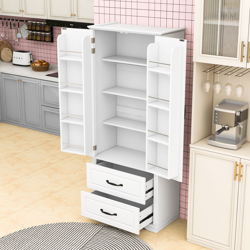 Armoire de cuisine Farmhouse avec 2 tiroirs, 8 tablettes de porte et tablettes réglables, Noir, Blanc