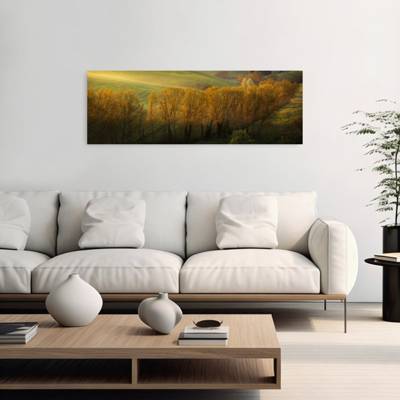 «Golden Trees and Rolling Hills Peaceful Serene Tranquil Autumn Landscape», art mural, H 16 po x l 48 po