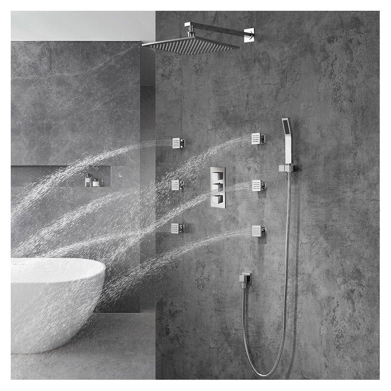 8 Inch Wall Shower System Chrome Finish with Handheld Spray and Thermostatic Valve
