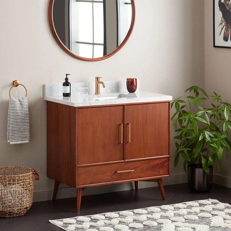 36" Novak Single Bathroom Vanity Set with Rectangular Undermount Sink, Natural Teak, Carrara Marble, Single-Hole