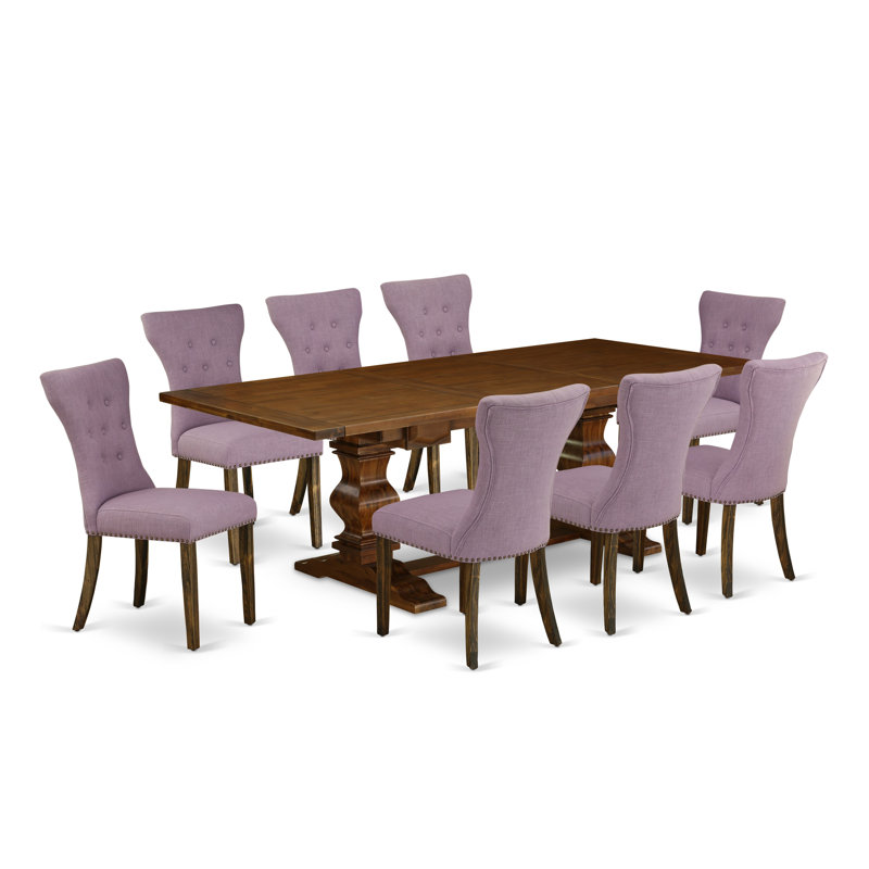 L'ensemble de table de cuisine 9 pièces comprend une table de salle à manger rectangulaire avec rallonge amovible et 8 chaises de salle à manger Parson en lin Dahlia, noyer antique