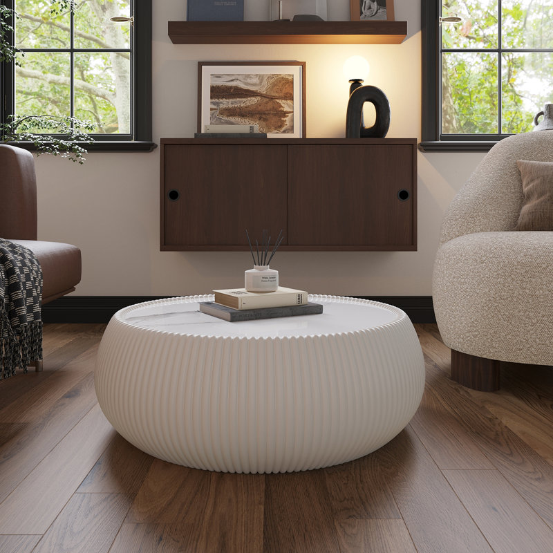 Table basse moderne en cuir clair avec plateau tambour en cuir pour meubles de salon, 13.38" H x 27.55" W x 27.55" D