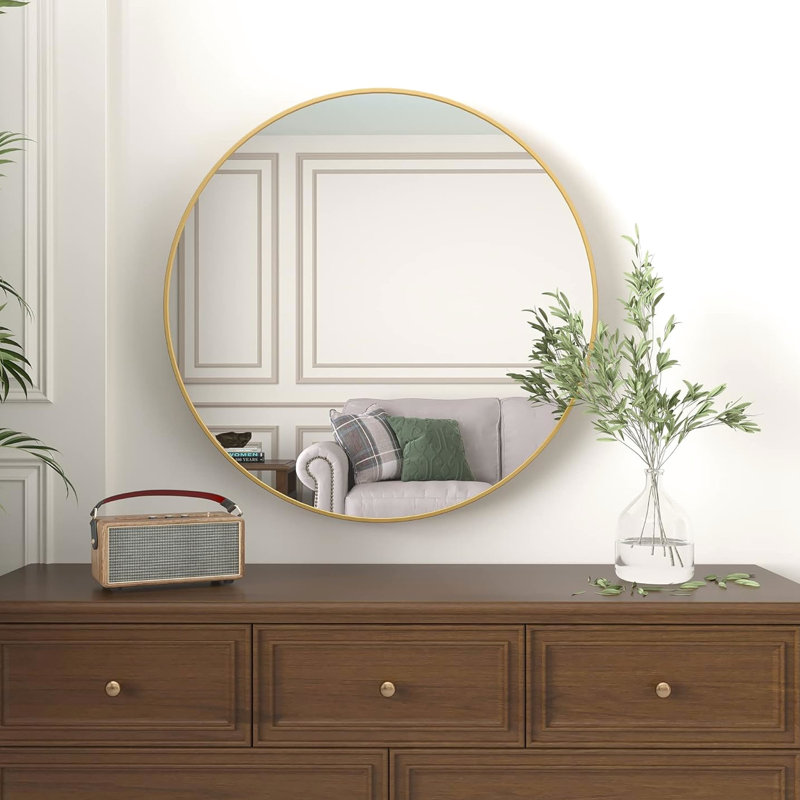 Miroir mural rond de 32 pouces de diamètre doré - Style classique pour salle de bain contemporaine, avec cadre en verre et rouille, installation incluse, élément de décoration de salle de bain moderne avec cadre en métal, processus facile