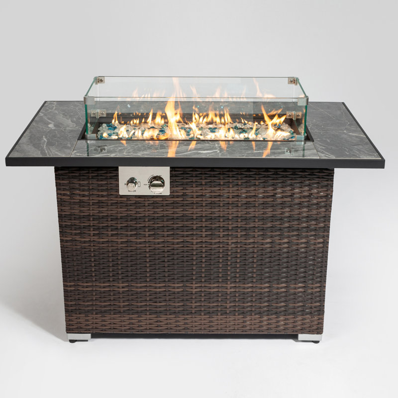 Foyer d'extérieur de 44 pouces avec plateau en céramique, gaz propane, 50000 BTU, rectangulaire, couvercle, housse de pluie, pierres en verre scintillantes, table à gaz, finition radieuse