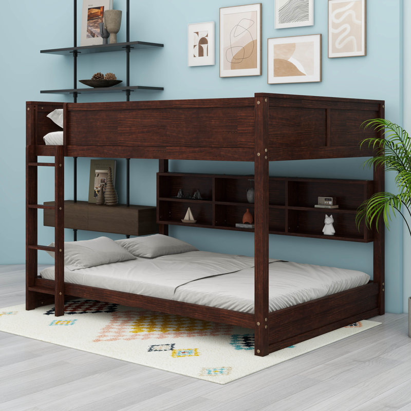 Queen Over Queen Bunk Bed With Storage Cabinets, Brown