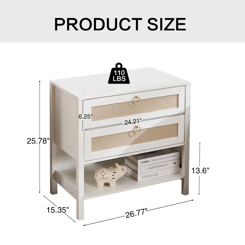 Rattan Nightstand With 2-Drawer And 1 Open Shelf